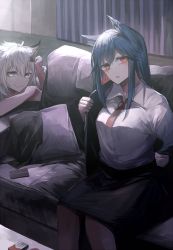 Rule 34 | 2girls, animal ears, arknights, black jacket, black skirt, blue hair, business suit, couch, curtains, female focus, formal, hair ornament, highres, jacket, lappland (arknights), long hair, looking at viewer, miyabino (miyabi1616), multiple girls, necktie, parted lips, red eyes, red neckwear, shirt, silver hair, sitting, skirt, smile, suit, texas (arknights), undressing, white shirt, wolf ears, wolf girl
