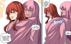 Rule 34 | 2girls, 2koma, :d, ^ ^, absurdres, blush, bocchi the rock!, closed eyes, comic, commentary, english commentary, english text, gotoh hitori, hair between eyes, highres, hinghoi, jacket, kita ikuyo, long hair, long sleeves, medium hair, multiple girls, one side up, open mouth, pink hair, pink jacket, red hair, shared clothes, simple background, smile, sweatdrop, track jacket, yuri