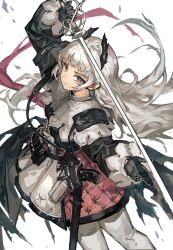 Rule 34 | 1girl, absurdres, ammunition belt, arknights, arm up, black gloves, black shirt, capelet, closed mouth, commentary, earrings, feet out of frame, floating hair, from above, gloves, grey eyes, grey hair, gun, hair ornament, handgun, highres, holding, holding sword, holding weapon, holstered, irene (arknights), jewelry, leggings, long hair, long sleeves, looking at viewer, looking back, looking up, multicolored clothes, multicolored skirt, pink pupils, pink sash, pink skirt, puffy long sleeves, puffy sleeves, quilted clothes, rapier, revolver, sash, scar, scar across eye, serious, sheath, shirt, shoulder pads, simple background, skirt, sleeve cuffs, solo, sword, thick eyebrows, weapon, white background, white capelet, white leggings, white skirt, yanyan (shinken gomi)