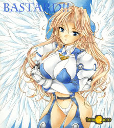 Rule 34 | 1girl, armor, bastard!!, blonde hair, blue background, blue eyes, breast hold, breasts, copyright name, cowboy shot, female focus, gloves, huge breasts, long hair, looking at viewer, michael (bastard!!), navel, solo, standing, tamagoboro, white armor, white wings, wings