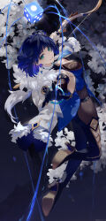 Rule 34 | 1girl, absurdres, artist name, asymmetrical gloves, backless outfit, bangle, beads, black bodysuit, black gloves, blue hair, bodysuit, bow (weapon), bracelet, breasts, choker, cleavage, clothing cutout, commentary, dark blue hair, dated, dice, earrings, elbow gloves, fishnets, floral background, flower, full body, fur-trimmed jacket, fur trim, genshin impact, gloves, green eyes, grin, high heels, highres, holding, holding bow (weapon), holding weapon, jacket, jacket on shoulders, jewelry, legs, looking at viewer, medium breasts, mismatched gloves, mole, mole under eye, neck tassel, outstretched hand, short hair, smile, solo, swkl:d, symbol-only commentary, thigh cutout, thighs, twitter username, weapon, white choker, white flower, white gloves, yelan (genshin impact)