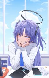 Rule 34 | 1girl, black halo, blue archive, blue eyes, blue necktie, blue sky, blush, cloud, commentary request, day, halo, hands on own cheeks, hands on own face, highres, indoors, long hair, long sleeves, looking at viewer, mizoshi-x, necktie, parted lips, pen, purple hair, shirt, sky, solo, twitter username, two side up, white shirt, window, yuuka (blue archive)
