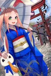Rule 34 | 1girl, absurdres, animal, animal ears, carrot, cobblestone, day, fake animal ears, falling petals, green eyes, highres, holding, holding umbrella, japanese clothes, kimono, long hair, long sleeves, looking to the side, obi, oil-paper umbrella, open mouth, original, outdoors, parted bangs, petals, petting, pink hair, rabbit, rabbit ears, sash, sky, smile, solo, teo (telo ruka), twintails, umbrella, wide sleeves