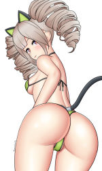 Rule 34 | 1girl, absurdres, animal ears, ass, bare shoulders, bikini, blush, breasts, brown hair, drill hair, fake animal ears, fake tail, from behind, highres, huge ass, long hair, looking at viewer, looking back, makslus70, medium breasts, orange eyes, shiny skin, shiro (tower of fantasy), sideboob, smile, solo, swimsuit, tail, thick thighs, thighs, thong, thong bikini, tower of fantasy, twin drills