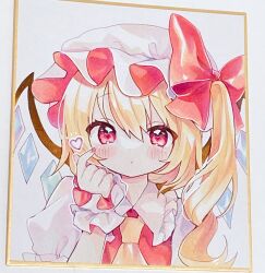 Rule 34 | 1girl, ascot, bow, closed mouth, commentary request, flandre scarlet, hair bow, hat, hat bow, heart, heart-shaped pupils, highres, long hair, looking at viewer, mob cap, moni monico, one side up, red bow, red eyes, red nails, solo, symbol-shaped pupils, touhou, traditional media, upper body, white hat, wrist cuffs, yellow ascot