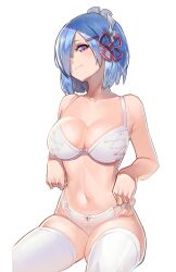 Rule 34 | 1girl, absurdres, bare arms, bare shoulders, blue hair, bra, breasts, cleavage, closed mouth, collarbone, cowboy shot, fps xilou, hair ornament, hair over one eye, hair ribbon, hairclip, head tilt, highres, invisible chair, large breasts, looking at viewer, navel, panties, re:zero kara hajimeru isekai seikatsu, red ribbon, rem (re:zero), ribbon, short hair, sitting, solo, thighhighs, underwear, white background, white bra, white panties, white thighhighs