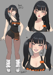 Rule 34 | 1girl, bare shoulders, black hair, black pantyhose, blue eyes, brand name imitation, breasts, butcha-u, character sheet, cleavage, grey background, grin, hand on own hip, highres, hooters, large breasts, long hair, looking at viewer, loose socks, medium breasts, multiple views, pantyhose, shorts, simple background, smile, socks, tank top, twintails, white socks