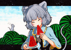 Rule 34 | 1girl, animal ears, bad id, bad pixiv id, black shirt, blue capelet, blush stickers, buttons, capelet, closed eyes, crystal, eating, food, fruit, grey hair, holding, holding plate, jewelry, layered clothes, mouse (animal), mouse ears, mouse girl, mouse tail, nazrin, pendant, plate, qqqrinkappp, shirt, tail, touhou, traditional media, upper body, watermelon