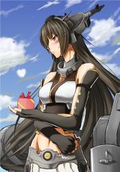 Rule 34 | 10s, 1girl, bare shoulders, black hair, blush, breasts, clenched hand, elbow gloves, fingerless gloves, gift, gloves, hair between eyes, hair ornament, headgear, highres, iroia, kantai collection, large breasts, long hair, midriff, nagato (kancolle), navel, skirt, solo, sweatdrop, valentine