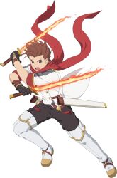 Rule 34 | 1boy, black gloves, boots, brown eyes, brown hair, commentary, dual wielding, english commentary, flaming sword, flaming weapon, full body, gloves, highres, holding, lloyd irving, lloyd irving (fang of the white lions), male focus, official alternate costume, official art, open mouth, red scarf, scarf, short sleeves, solo, tales of (series), tales of asteria, tales of symphonia, thigh boots