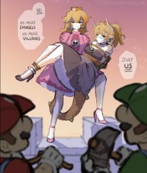Rule 34 | 2boys, 2girls, armlet, bandaid, bandaid on face, black collar, black dress, blonde hair, bound, bowsette, bracelet, carrying, collar, crown, dress, earrings, english text, gagged, gloves, green hat, hat, heartgear, high heels, highres, horns, injury, jewelry, luigi, mallet, mario, mario (series), multiple boys, multiple girls, new super mario bros. u deluxe, nintendo, overalls, pointy ears, princess carry, princess peach, red hat, rope, skirt, spiked armlet, spiked bracelet, spiked collar, spiked shell, spiked tail, spikes, strapless, strapless dress, super crown, tail, tied up (nonsexual), trembling, turtle shell