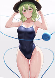 Rule 34 | 1girl, absurdres, black hat, blue one-piece swimsuit, breasts, collarbone, covered navel, eyeball, green eyes, green hair, grey background, hat, highres, komeiji koishi, looking at viewer, medium breasts, nagomian, one-piece swimsuit, short hair, simple background, solo, swimsuit, third eye, touhou, wet, wet clothes, wet swimsuit
