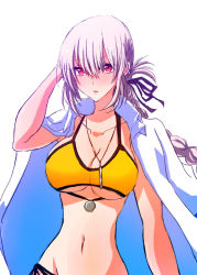 Rule 34 | 1girl, bikini, blush, braid, breasts, cleavage, clothes on shoulders, collarbone, fate/grand order, fate (series), florence nightingale (chaldea lifesavers) (fate), florence nightingale (fate), himo, large breasts, long hair, looking at viewer, navel, necktie, purple hair, red eyes, simple background, solo, swimsuit, white background, yellow bikini