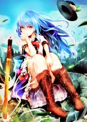 Rule 34 | 1girl, absurdres, blue hair, boots, cross-laced footwear, highres, hinanawi tenshi, huge filesize, lace-up boots, long hair, red eyes, safutsuguon, touhou