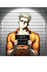 Rule 34 | 1boy, blonde hair, bound, bound wrists, character name, closed mouth, collarbone, cuffs, frown, gaeha is, handcuffs, hands up, head tilt, highres, holding, korean commentary, long sleeves, looking at viewer, male focus, millions knives, mole, mole under eye, mugshot, muscular, muscular male, orange shirt, prison clothes, shirt, skin tight, sleeves rolled up, solo, spiked hair, tank top, trigun, trigun stampede, upper body, white hair
