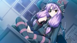 Rule 34 | 1girl, arisa suou, classroom, closed mouth, eyepatch, female focus, game cg, hood, hoodie, long sleeves, on table, purple hair, school, sitting, skirt, smile, solo, soukoku no arterial, striped clothes, striped thighhighs, table, thighhighs, twintails, yakuri, yellow eyes, zettai ryouiki