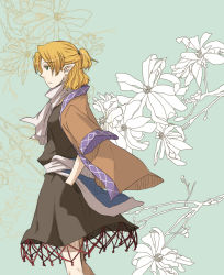Rule 34 | 1girl, black dress, blonde hair, brown shirt, closed mouth, commentary request, dress, expressionless, feet out of frame, floral background, green background, green eyes, half updo, hand in pocket, looking afar, mizuhashi parsee, pointy ears, profile, scarf, shirt, short hair, short ponytail, short sleeves, solo, torinone, touhou, white scarf