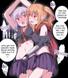 Rule 34 | 10s, 2girls, arms up, blush, bound, cowboy shot, drooling, elbow gloves, gauntlets, gloves, glowing, glowing eyes, hand in skirt, midriff, multiple girls, navel, open mouth, orange hair, pleated skirt, purple hair, purple skirt, red eyes, release the spyce, sagami fuu, saliva, shichouson, side ponytail, skirt, sleeveless, translated, twintails, window, yachiyo mei, yuri
