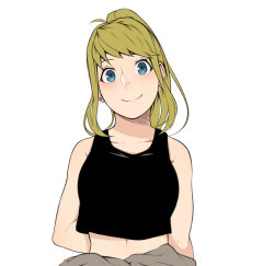 Rule 34 | 1girl, arm at side, arm behind back, black tank top, blonde hair, blue eyes, blunt bangs, blush, breasts, clothes around waist, collarbone, commentary, earrings, eyelashes, fullmetal alchemist, happy, head tilt, high ponytail, highres, jewelry, kobaji, looking at viewer, medium breasts, midriff, ponytail, sidelocks, simple background, smile, solo, tank top, upper body, white background, winry rockbell