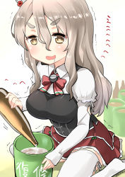 Rule 34 | &gt;:d, 10s, 1girl, :d, absurdres, alcohol, blush, bottle, bow, bowtie, breasts, brown eyes, bucket, commentary request, corset, drooling, drunk, eyebrows, gradient hair, hair between eyes, highres, holding, holding bottle, kantai collection, large breasts, long hair, looking at viewer, miniskirt, multicolored hair, open mouth, pola (kancolle), red skirt, ryuki (ryukisukune), saliva, sitting, skirt, smile, solo, thick eyebrows, thighhighs, translated, trembling, v-shaped eyebrows, wariza, wavy hair, white thighhighs