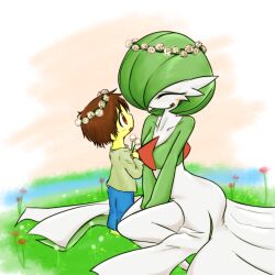 1boy 1girl blue_pants bob_cut child closed_eyes colored_skin creatures_(company) dress flower flower_wreath game_freak gardevoir gen_3_pokemon grass green_hair green_skin hair_over_one_eye highres holding holding_flower multicolored_skin nintendo on_grass pants pokemon pokemon_(creature) red_eyes shirt sitting smile two-tone_skin white_dress white_skin zemlya1741