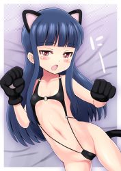 Rule 34 | 10s, 1girl, animal ears, animal hands, blue hair, breasts, cameltoe, cat ears, cat girl, collarbone, cowboy shot, female focus, gloves, groin, highres, idolmaster, idolmaster cinderella girls, long hair, looking at viewer, navel, open mouth, qm, sajo yukimi, small breasts, solo, tail