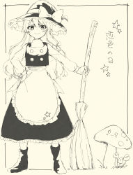 1girl absurdres apron blush boots bow closed_mouth commentary_request hair_bow hat hat_bow highres kinese_(katasutorohu) kirisame_marisa long_hair long_sleeves looking_at_viewer marisa_day monochrome mushroom smile solo star_(symbol) touhou translated very_long_hair vest waist_apron witch_hat yellow_theme