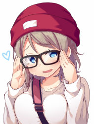 Rule 34 | 10s, 1girl, adjusting eyewear, bad id, bad pixiv id, bespectacled, between breasts, blue eyes, blush, breasts, brown hair, cowboy shot, glasses, hat, heart, highres, long sleeves, looking at viewer, love live!, love live! school idol festival, love live! sunshine!!, medium breasts, robin16, short hair, smile, solo, strap between breasts, upper body, watanabe you