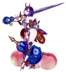 Rule 34 | 1girl, \n/, ankle ribbon, ass, bare shoulders, bob cut, choker, crop top, detached sleeves, eyeshadow, fate/grand order, fate (series), feet, food, forehead jewel, fruit, full body, fundoshi, gourd, highres, honjou raita, horns, huge weapon, japanese clothes, jewelry, leg ribbon, legs, looking at viewer, makeup, midriff, navel, official art, oni, open mouth, panties, peach, pointy ears, purple eyes, purple hair, revealing clothes, ribbon, rope, shimenawa, short hair, shuten douji (fate), shuten douji (fate/grand order), shuten douji (halloween caster) (fate), simple background, skin-covered horns, smile, solo, standing, sword, thighhighs, thighs, toes, underwear, weapon, white background, wide hips