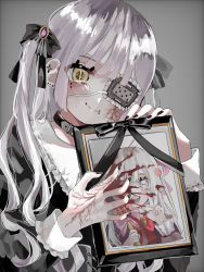 Rule 34 | 2girls, absurdres, bandages, blood, bow, choker, cross, drawing (object), dress, ear piercing, earrings, eyepatch, gantai-chan, goth fashion, grey background, hair ornament, hanataro (sruvhqkehy1zied), highres, iei, jewelry, magical girl, multiple girls, nail polish, original, picture frame, piercing, ribbon, scar, scar on face, smile, twintails, white hair, yami kawaii, yellow eyes