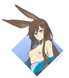 Rule 34 | 1girl, alternate hairstyle, amiya (arknights), animal ears, arknights, artist name, blue eyes, blush, breasts, brown hair, closed mouth, clothes pull, commentary, cum, cum on body, cum on breasts, cum on hair, cum on upper body, embarrassed, english commentary, facial, furrowed brow, hair between eyes, hair down, keiryuu seo, long hair, looking at viewer, medium breasts, nipples, rabbit ears, sidelocks, simple background, solo, topless, upper body, white background
