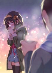 Rule 34 | 1boy, 1girl, black thighhighs, blazer, blue scarf, blue skirt, blush, bob cut, brown eyes, brown hair, coat, commentary request, cowboy shot, cup, green coat, green jacket, hairband, highres, holding, holding cup, jacket, kita high school uniform, kyon, long sleeves, looking at another, looking to the side, medium hair, open clothes, open coat, red ribbon, ribbon, scarf, school uniform, short hair, skirt, standing, suzumiya haruhi, suzumiya haruhi no yuuutsu, taiki (6240taiki), thighhighs, yellow hairband