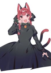 Rule 34 | 1girl, akagashi hagane, animal ears, bell, black dress, braid, cat ears, cat tail, dress, extra ears, fangs, jingle bell, juliet sleeves, kaenbyou rin, long hair, long sleeves, looking at viewer, multiple tails, open mouth, puffy sleeves, red eyes, red hair, simple background, smile, solo, tail, touhou, twin braids, two tails, white background