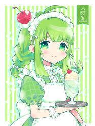 Rule 34 | 1girl, absurdres, ahoge, apron, back bow, blush, bow, braid, center frills, cherry, cherry hair ornament, collared dress, commentary, cup, dress, drink, food, food-themed hair ornament, frilled apron, frills, fruit, green eyes, green hair, hair ornament, highres, holding, holding tray, ice cream, ice cream float, long hair, maid, maid headdress, melon soda, original, puffy short sleeves, puffy sleeves, shamo3, short sleeves, smile, solo, striped, striped background, symbol-only commentary, thick eyebrows, tray, twin braids, waitress, wrist cuffs