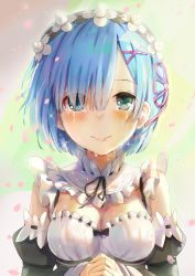 Rule 34 | 10s, 1girl, blue eyes, blue hair, blush, breasts, cherry blossoms, crying, crying with eyes open, detached sleeves, hair ornament, hair over one eye, himonoata, looking at viewer, maid, maid headdress, matching hair/eyes, petals, re:zero kara hajimeru isekai seikatsu, rem (re:zero), short hair, smile, solo, streaming tears, tears, upper body, x hair ornament