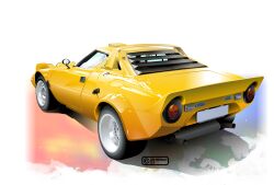 Rule 34 | 2023, artist name, car, commentary request, exhaust pipe, highres, lancia (brand), lancia stratos, license plate, motor vehicle, nimbus goldbrum, no humans, original, realistic, vehicle focus, white background, yellow car