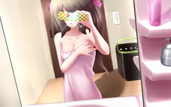Rule 34 | 1girl, bathroom, breasts, brown hair, cellphone, covering privates, covering face, covering own eyes, female focus, highres, himekaidou hatate, large breasts, long hair, mille, mirror, naked towel, phone, reflection, ribbon, selfie, solo, touhou, towel, wallpaper
