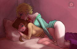 Rule 34 | 2girls, anna (frozen), bed, blanket, blonde hair, blush, bottomless, breasts, brown hair, cleavage, clenched teeth, clothes lift, disney, dress, dress lift, earrings, elsa (frozen), eyeshadow, fingering, frozen (disney), incest, jewelry, lying, makeup, medium breasts, multiple girls, off-shoulder dress, off shoulder, okamisaga, on bed, on side, pale skin, pillow, pussy juice, siblings, sisters, small breasts, sunlight, teeth, yuri
