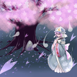 Rule 34 | 1girl, cherry blossoms, dress, hand fan, female focus, ghost, hat, highres, japanese clothes, nature, outdoors, pakuchii, petals, pink hair, plant, red eyes, saigyouji yuyuko, short hair, solo, tombstone, touhou, tree