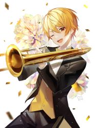 Rule 34 | 1boy, :d, black jacket, black pants, blonde hair, blouse, buttons, commentary request, confetti, flower, highres, holding, holding instrument, instrument, jacket, long sleeves, looking at viewer, male focus, one eye closed, open mouth, pants, project sekai, shirt, smile, solo, tenma tsukasa, trombone, tuxedo, vest, white shirt, wing collar, yellow eyes, yellow flower, yellow vest, yuhi (hssh 6)