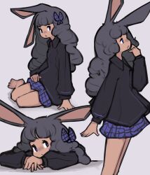 Rule 34 | 1girl, animal ears, barefoot, black hair, black shirt, bow, collared shirt, commentary, dark-skinned female, dark skin, english commentary, fluffy hair, full body, grey background, hair bow, highres, long hair, looking at viewer, mino dev, multiple views, no headwear, open mouth, plaid, plaid bow, plaid skirt, purple bow, purple eyes, purple skirt, rabbit and steel, rabbit ears, rabbit girl, shirt, simple background, skirt, wizard rabbit