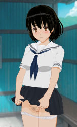 Rule 34 | 1girl, 3d, bench, black hair, black skirt, blue neckerchief, blush, breasts, brown eyes, bus stop, censored, classmate daisuki, closed mouth, clothes lift, cloud, collarbone, female pubic hair, highres, large breasts, looking at viewer, mosaic censoring, navel, neckerchief, outdoors, panties, panty pull, pubic hair, pussy, school swimsuit, shirt, short hair, short sleeves, skirt, skirt lift, sky, smile, solo, standing, swimsuit, underwear, wall, white panties, white shirt, window