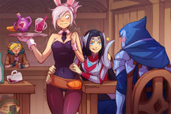 Rule 34 | 2girls, 3boys, :q, animal ears, bare arms, battle bunny riven, black bow, black bowtie, black leotard, blood, blue eyes, blush, bodysuit, bottle, bow, bowtie, breasts, chair, closed eyes, covered navel, detached collar, ezreal, fake animal ears, from behind, glass, green headwear, grin, holding, holding phone, holding tray, hood, hood up, indoors, irelia, league of legends, leotard, long hair, looking at another, medium breasts, multiple boys, multiple girls, necktie, nosebleed, pantyhose, parted bangs, phone, playboy bunny, rabbit ears, red bodysuit, red legwear, riven (league of legends), short hair, short necktie, sitting, smile, strapless, strapless leotard, table, talon (league of legends), teemo, tongue, tongue out, tray, vmat, white hair, wrist cuffs