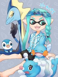 Rule 34 | 1girl, :d, aqua eyes, asymmetrical hair, bandana, barefoot, bike shorts, bike shorts under shorts, black shorts, blue bandana, blue hair, blue shirt, braid, brionne, buttons, company connection, creatures (company), crossover, fangs, floral print, game freak, gen 3 pokemon, gen 4 pokemon, gen 7 pokemon, gen 8 pokemon, grey background, hawaiian shirt, highres, inkling, inkling girl, inkling player character, inteleon, light blue hair, long hair, mudkip, nintendo, open mouth, piplup, pointy ears, pokemon, pokemon (creature), ruu (4rurui), shirt, short sleeves, shorts, sitting, smile, solo, splatoon (series), splatoon 3, tentacle hair