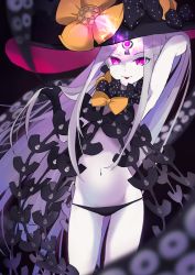Rule 34 | 1girl, abigail williams (fate), abigail williams (third ascension) (fate), absurdres, arm behind head, arm up, armpits, bare shoulders, black bow, black hat, black panties, bow, breasts, closed mouth, colored skin, fate/grand order, fate (series), forehead, glowing, glowing eye, hat, highres, keyhole, long hair, looking at viewer, multiple bows, navel, orange bow, panties, parted bangs, pink eyes, shirokuma1414, skull print, small breasts, smile, solo, tentacles, thighs, third eye, tongue, tongue out, underwear, white hair, white skin, witch hat
