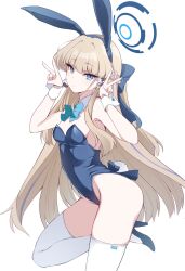 Rule 34 | 1girl, animal ears, bare shoulders, blonde hair, blue archive, blue eyes, blue leotard, blush, bow, bowtie, braid, breasts, detached collar, double v, earpiece, fake animal ears, french braid, halo, high heels, highleg, highleg leotard, highres, leotard, long hair, looking at viewer, nekono matatabi, playboy bunny, rabbit ears, rabbit tail, small breasts, solo, tail, thighhighs, thighs, toki (blue archive), toki (bunny) (blue archive), v, white thighhighs, wrist cuffs
