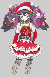 Rule 34 | 1girl, bare shoulders, bell, belt, black belt, black hair, blue eyes, blush, bow, christmas ornaments, closed mouth, commentary request, dress, elbow gloves, fishnet thighhighs, fishnets, fur-trimmed dress, fur-trimmed headwear, fur trim, gaaruru (pripara), gloves, grey background, hair bow, hair ornament, hat, holly, jingle bell, long hair, looking at viewer, moudoku (decopon3rd), pretty series, pripara, red bow, red gloves, red hat, santa costume, santa dress, santa gloves, santa hat, simple background, sleeveless, sleeveless dress, smile, solo, standing, star (symbol), star hair ornament, thighhighs, twintails
