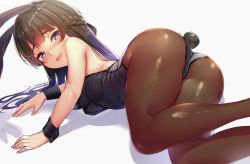Rule 34 | 1girl, absurdres, akasaai, animal ears, ass, bare shoulders, black hair, blush, braid, breasts, commentary, fake animal ears, from above, from behind, hair ornament, hairclip, highres, leotard, long hair, looking at viewer, medium breasts, nijisanji, on floor, open mouth, pantyhose, playboy bunny, purple eyes, rabbit ears, rabbit tail, side braid, smile, solo, tail, thighs, tsukino mito, virtual youtuber, wrist cuffs