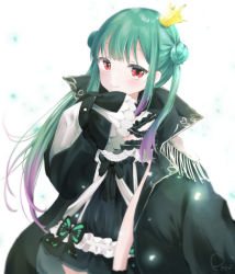 Rule 34 | 1girl, absurdres, asymmetrical hair, black coat, black dress, bow, closed mouth, coat, covering own mouth, cowboy shot, crown, double bun, dress, dress bow, earrings, epaulettes, frilled dress, frilled straps, frills, gradient hair, green hair, hair bun, hand over own mouth, highres, hololive, jewelry, looking at viewer, mini crown, multicolored hair, pato (8o 10), popped collar, purple hair, red eyes, short dress, short sleeves, signature, simple background, skull earrings, sleeves past fingers, sleeves past wrists, smile, solo, tilted headwear, twintails, uneven twintails, uruha rushia, uruha rushia (3rd costume), virtual youtuber, white background