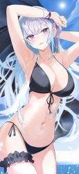 Rule 34 | 1girl, absurdres, arm behind head, armpits, arms up, bare arms, bikini, black bikini, blue sky, blush, breasts, bridal garter, close-up, commission, cowboy shot, front-tie top, halterneck, hand on own head, highres, ice crystal, jewelry, kooemong, large breasts, long hair, looking at viewer, multicolored hair, navel, original, outdoors, parted lips, purple eyes, ring, side-tie bikini bottom, sidelocks, sky, solo, stomach, string bikini, sunlight, swimsuit, thighs, two-tone hair, white hair, wrist belt, wristband